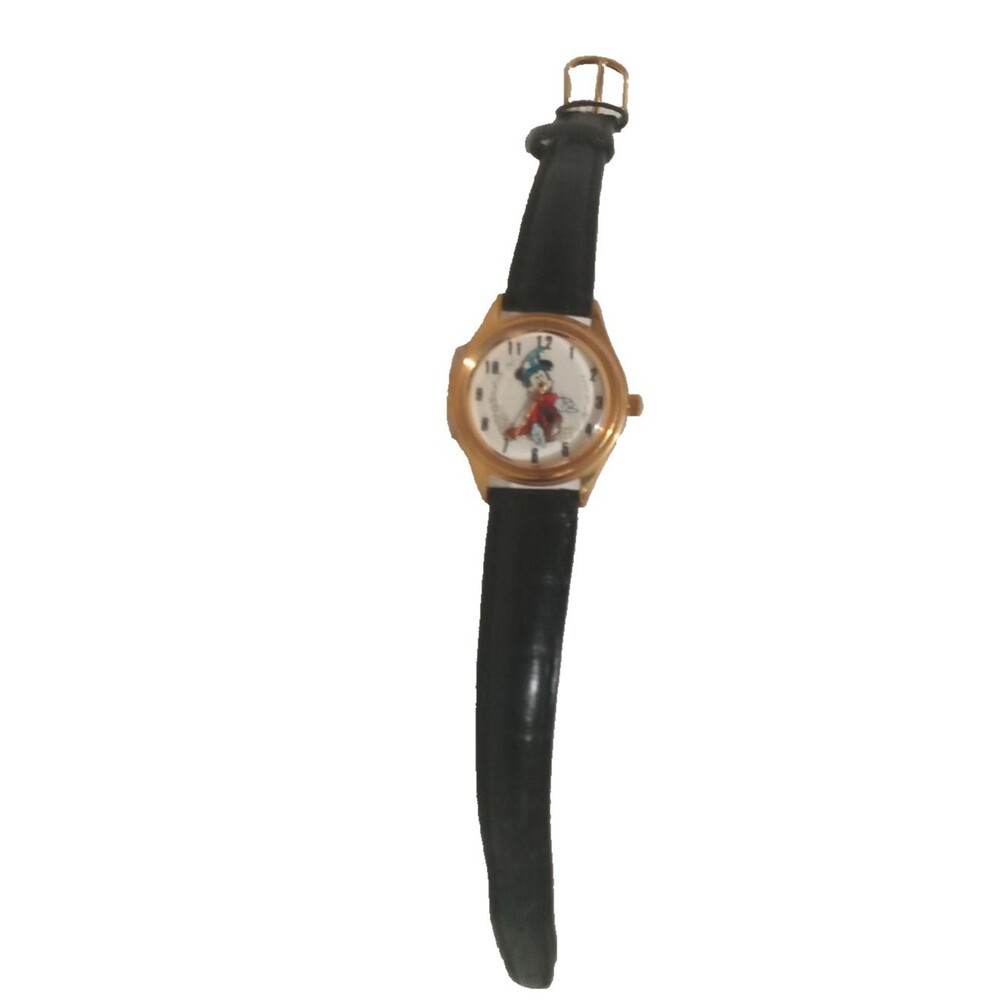 Disney Mickey Mouse Fantasia Wrist Watch Leather Black Gold Japans Movements